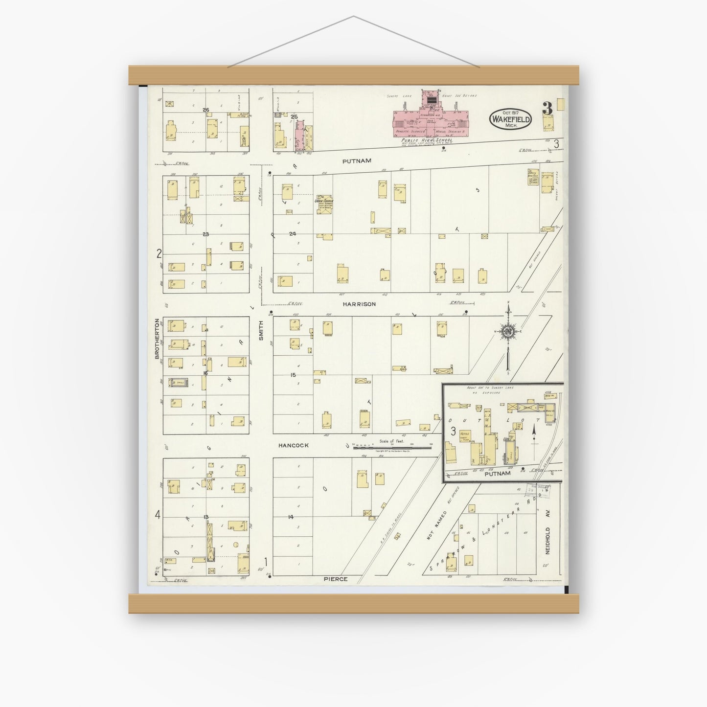 Old map wall art mockup — magnetic wood frame on white wall — Sanborn Fire Insurance Map from Wakefield, Gogebic County, Michigan (1917), Sheet #0003