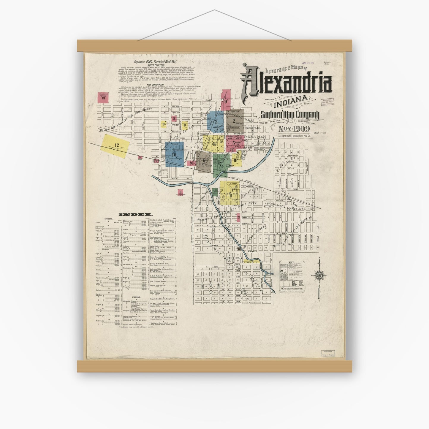 Old map wall art mockup — magnetic wood frame on white wall — Sanborn Fire Insurance Map from Alexandria, Madison County, Indiana (1909), Sheet #0001