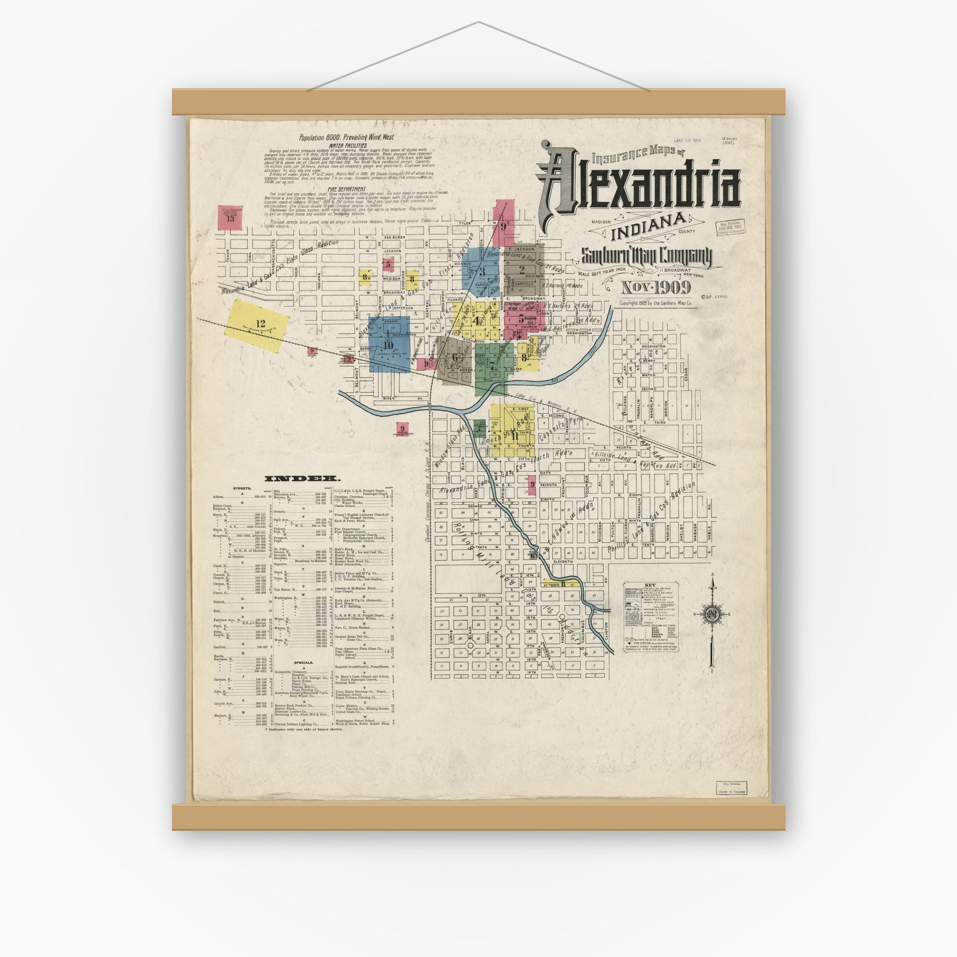 Old map wall art mockup — magnetic wood frame on white wall — Sanborn Fire Insurance Map from Alexandria, Madison County, Indiana (1909), Sheet #0001