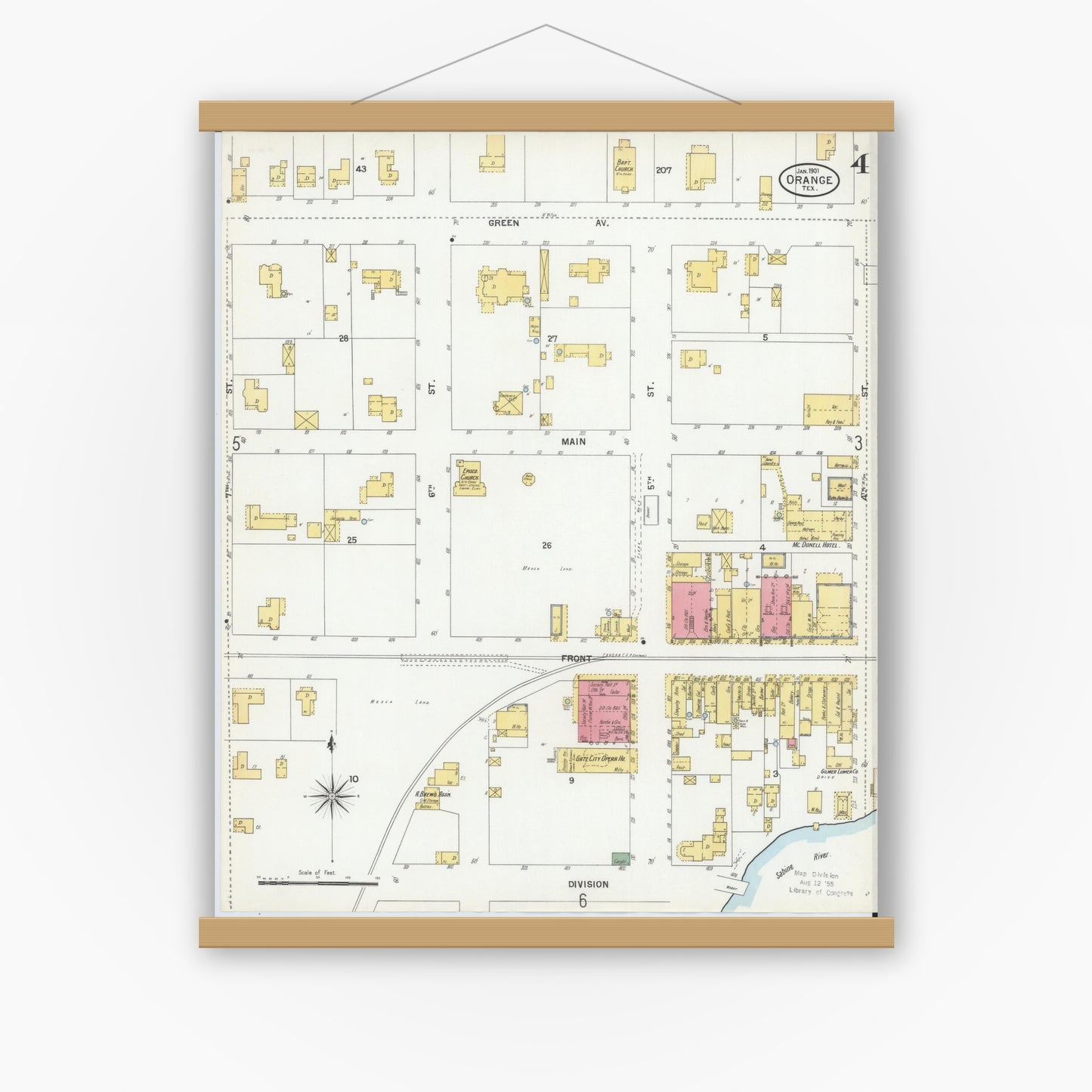 Old map wall art mockup — magnetic wood frame on white wall — Sanborn Fire Insurance Map from Orange, Orange County, Texas (1901), Sheet #0004