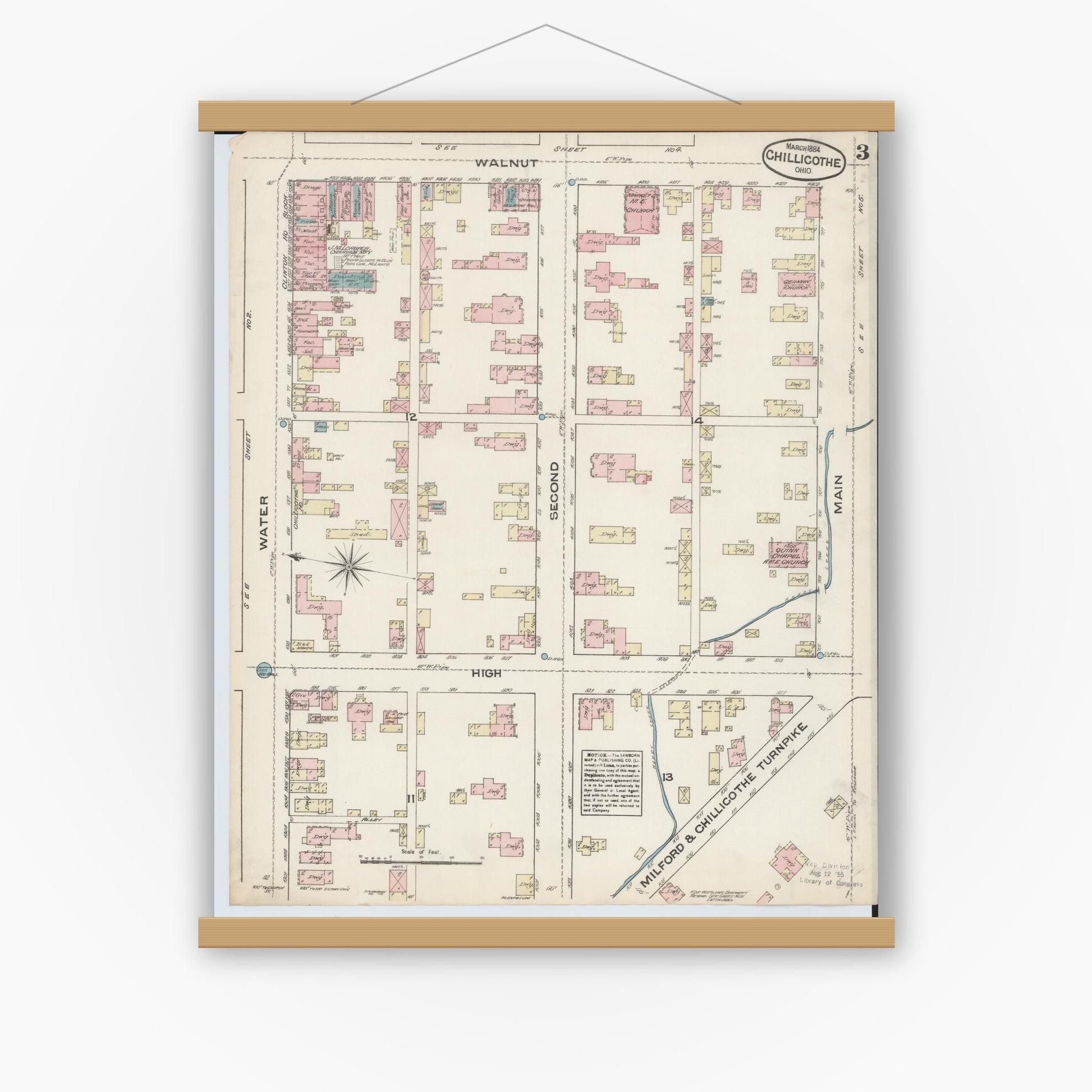 Old map wall art mockup — magnetic wood frame on white wall — Sanborn Fire Insurance Map from Chillicothe, Ross County, Ohio (1884), Sheet #0003