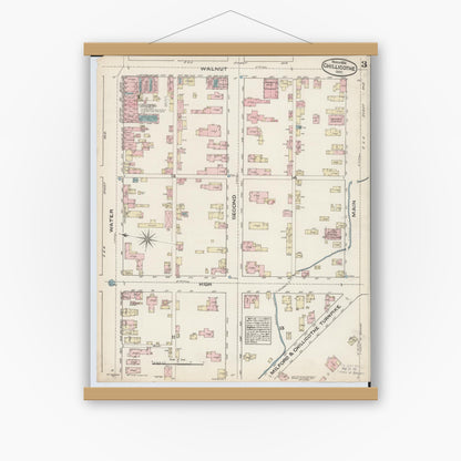 Old map wall art mockup — magnetic wood frame on white wall — Sanborn Fire Insurance Map from Chillicothe, Ross County, Ohio (1884), Sheet #0003
