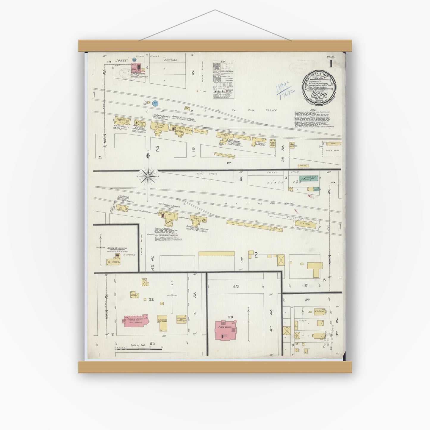 Old map wall art mockup — magnetic wood frame on white wall — Sanborn Fire Insurance Map from Adrian, Nobles County, Minnesota (1899), Sheet #0001