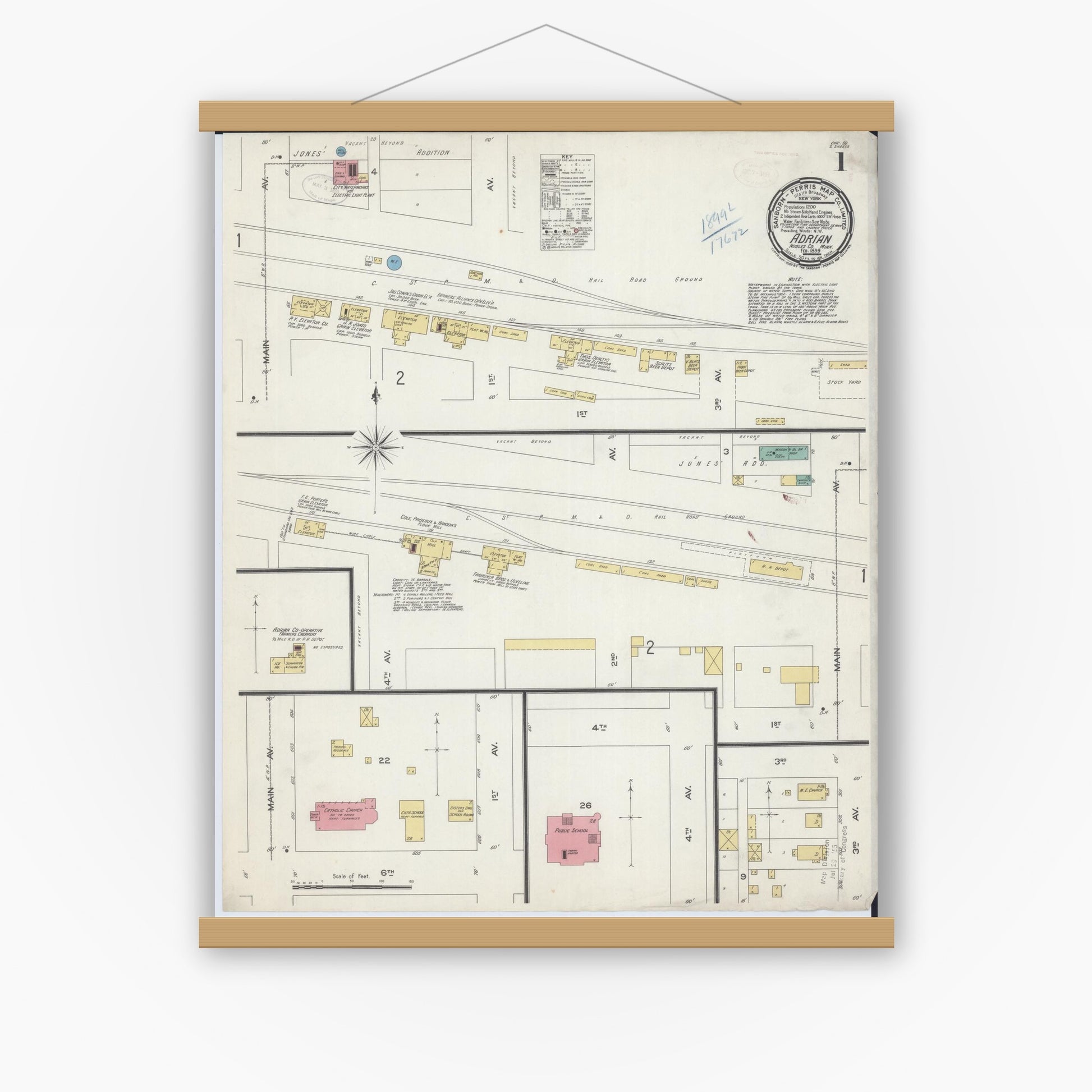 Old map wall art mockup — magnetic wood frame on white wall — Sanborn Fire Insurance Map from Adrian, Nobles County, Minnesota (1899), Sheet #0001