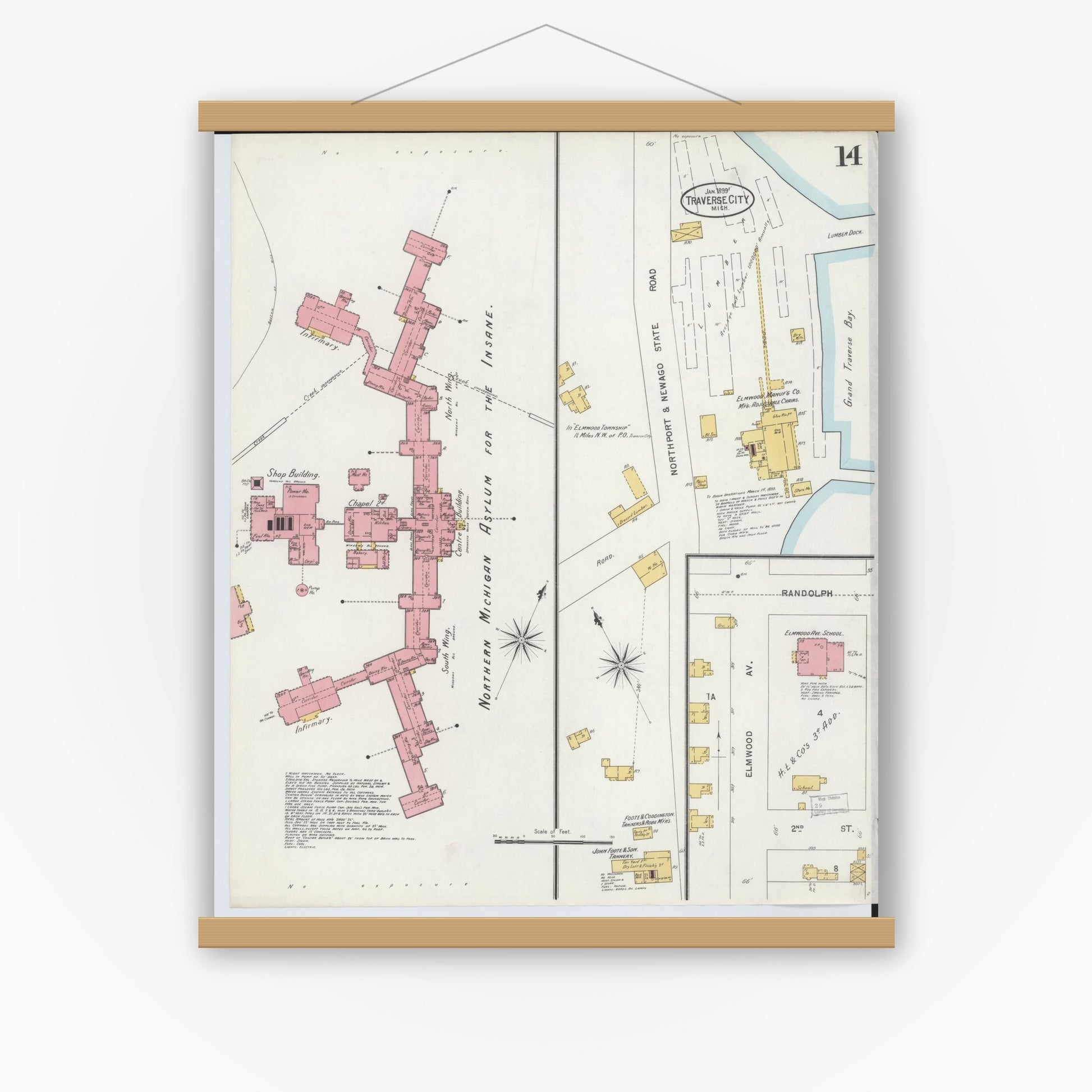 Old map wall art mockup — magnetic wood frame on white wall — Sanborn Fire Insurance Map from Traverse City, Grand Traverse County, Michigan (1899), Sheet #0014