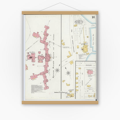 Old map wall art mockup — magnetic wood frame on white wall — Sanborn Fire Insurance Map from Traverse City, Grand Traverse County, Michigan (1899), Sheet #0014