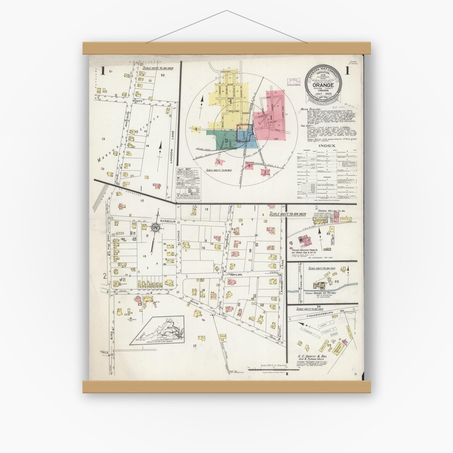 Old map wall art mockup — magnetic wood frame on white wall — Sanborn Fire Insurance Map from Orange, Orange County, Virginia (1925), Sheet #0001
