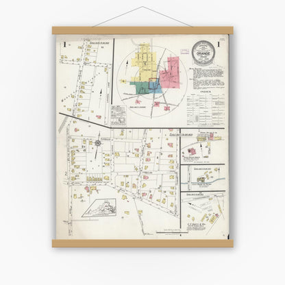 Old map wall art mockup — magnetic wood frame on white wall — Sanborn Fire Insurance Map from Orange, Orange County, Virginia (1925), Sheet #0001