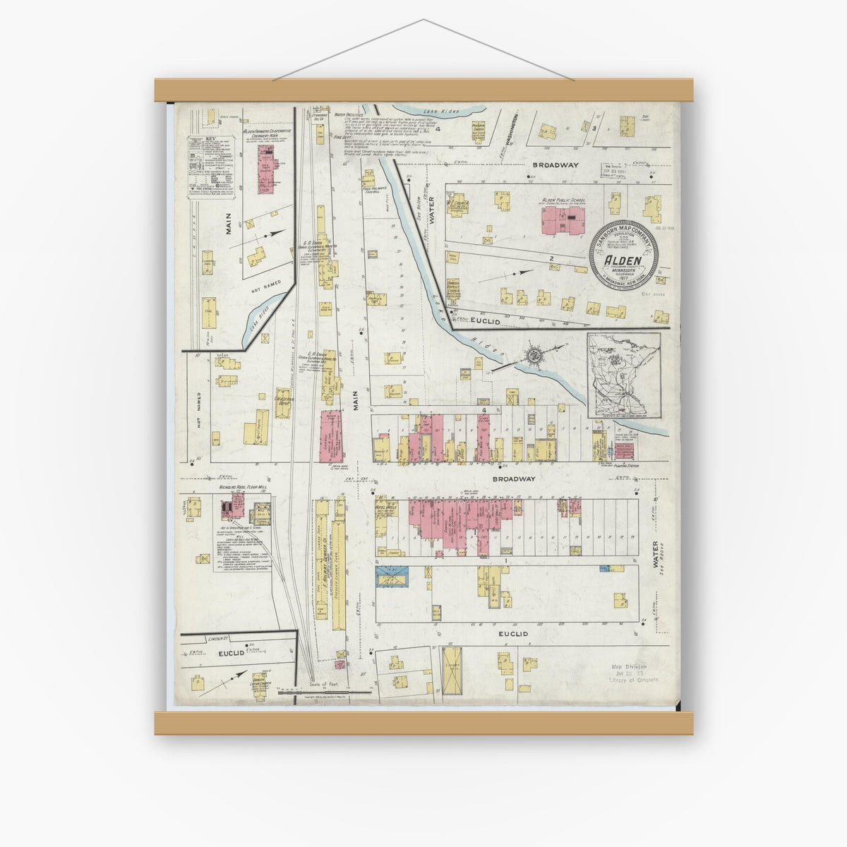 Old map wall art mockup — magnetic wood frame on white wall — Sanborn Fire Insurance Map from Alden, Freeborn County, Minnesota (1917), Sheet #0001