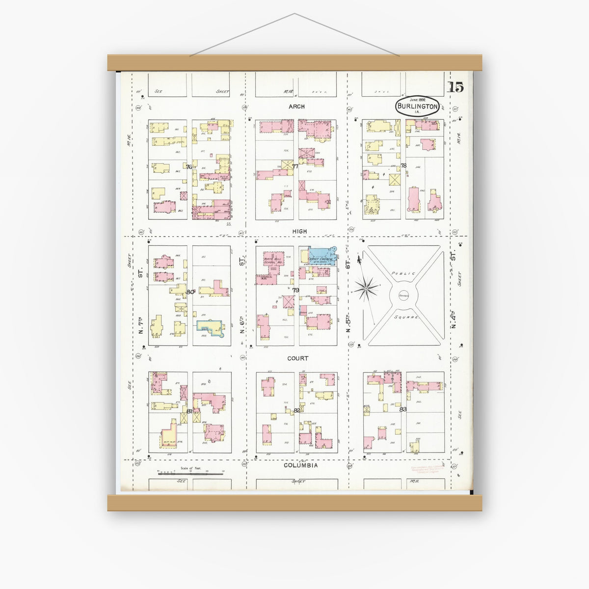 Old map wall art mockup — magnetic wood frame on white wall — Sanborn Fire Insurance Map from Burlington, Des Moines County, Iowa (1892), Sheet #0015