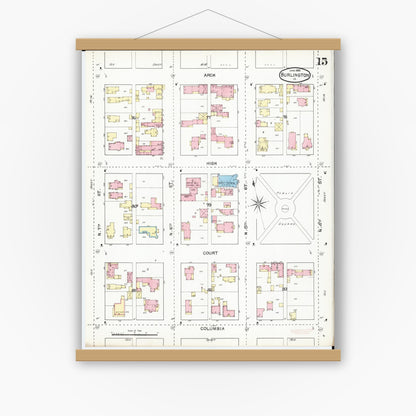 Old map wall art mockup — magnetic wood frame on white wall — Sanborn Fire Insurance Map from Burlington, Des Moines County, Iowa (1892), Sheet #0015