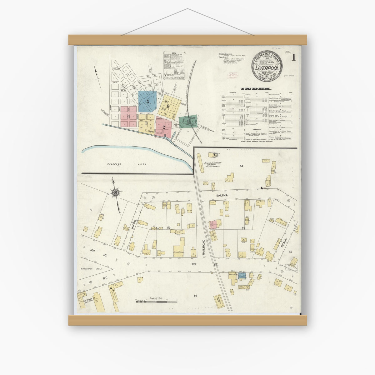 Old map wall art mockup — magnetic wood frame on white wall — Sanborn Fire Insurance Map from Liverpool, Onondaga County, New York (1911) - Complete Map Set