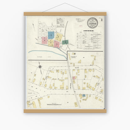Old map wall art mockup — magnetic wood frame on white wall — Sanborn Fire Insurance Map from Liverpool, Onondaga County, New York (1911) - Complete Map Set