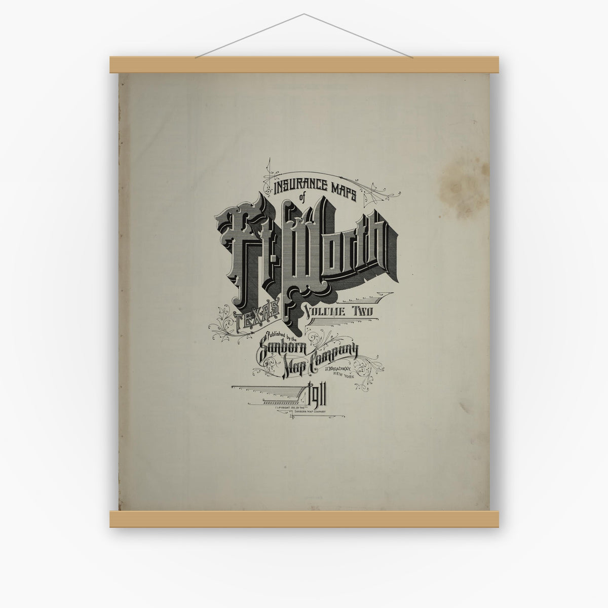 Old map wall art mockup — magnetic wood frame on white wall — Sanborn Fire Insurance Map from Fort Worth, Tarrant County, Texas (1911), Sheet #0001