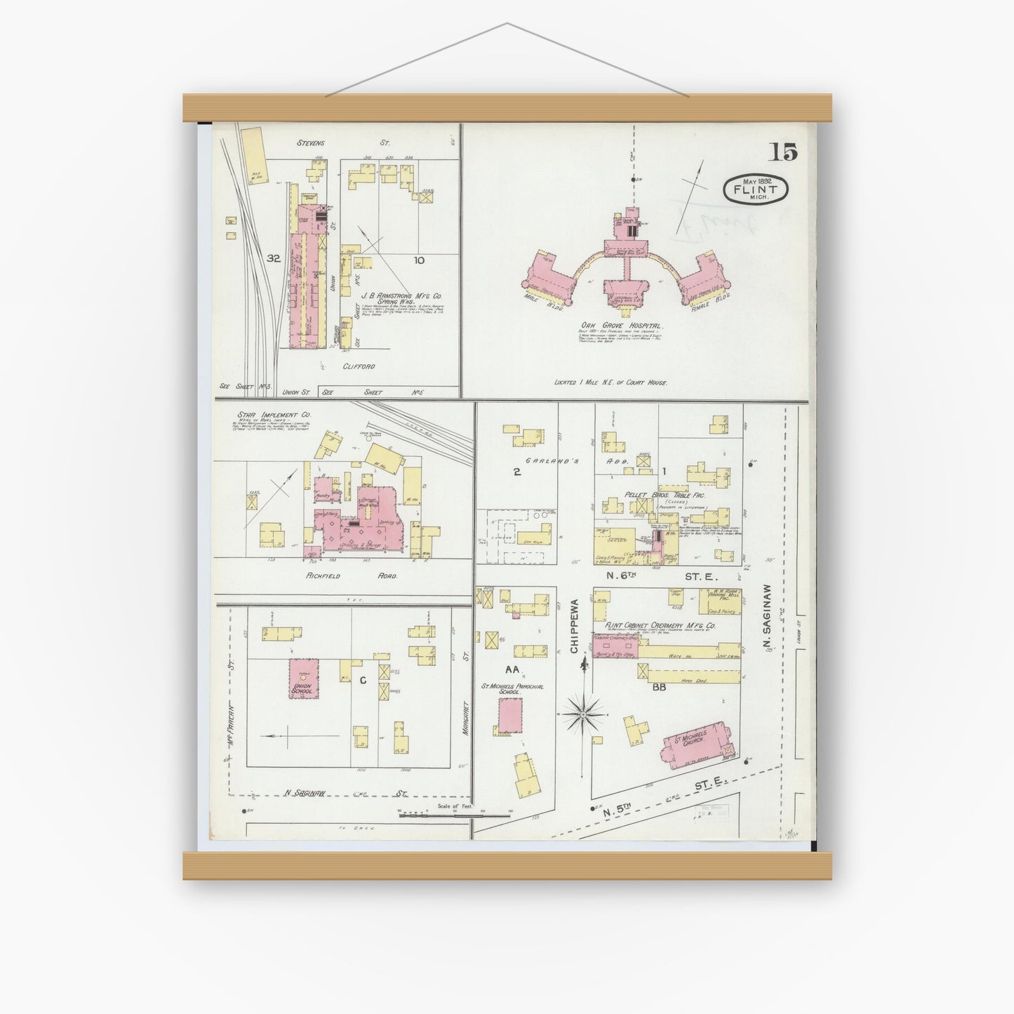 Old map wall art mockup — magnetic wood frame on white wall — Sanborn Fire Insurance Map from Flint, Genesee County, Michigan (1892), Sheet #0015