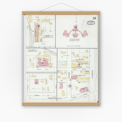 Old map wall art mockup — magnetic wood frame on white wall — Sanborn Fire Insurance Map from Flint, Genesee County, Michigan (1892), Sheet #0015