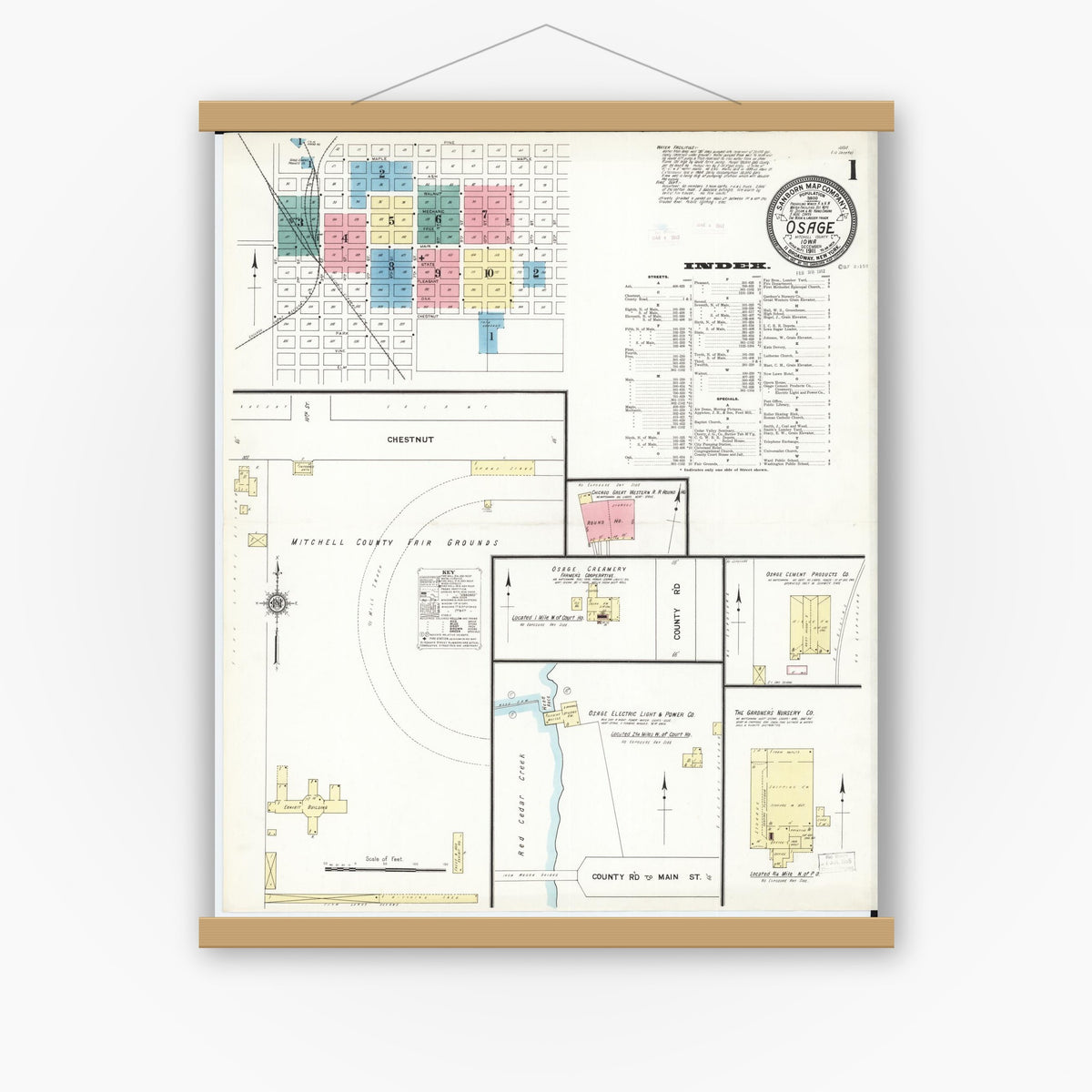 Old map wall art mockup — magnetic wood frame on white wall — Sanborn Fire Insurance Map from Osage, Mitchell County, Iowa (1911), Sheet #0001