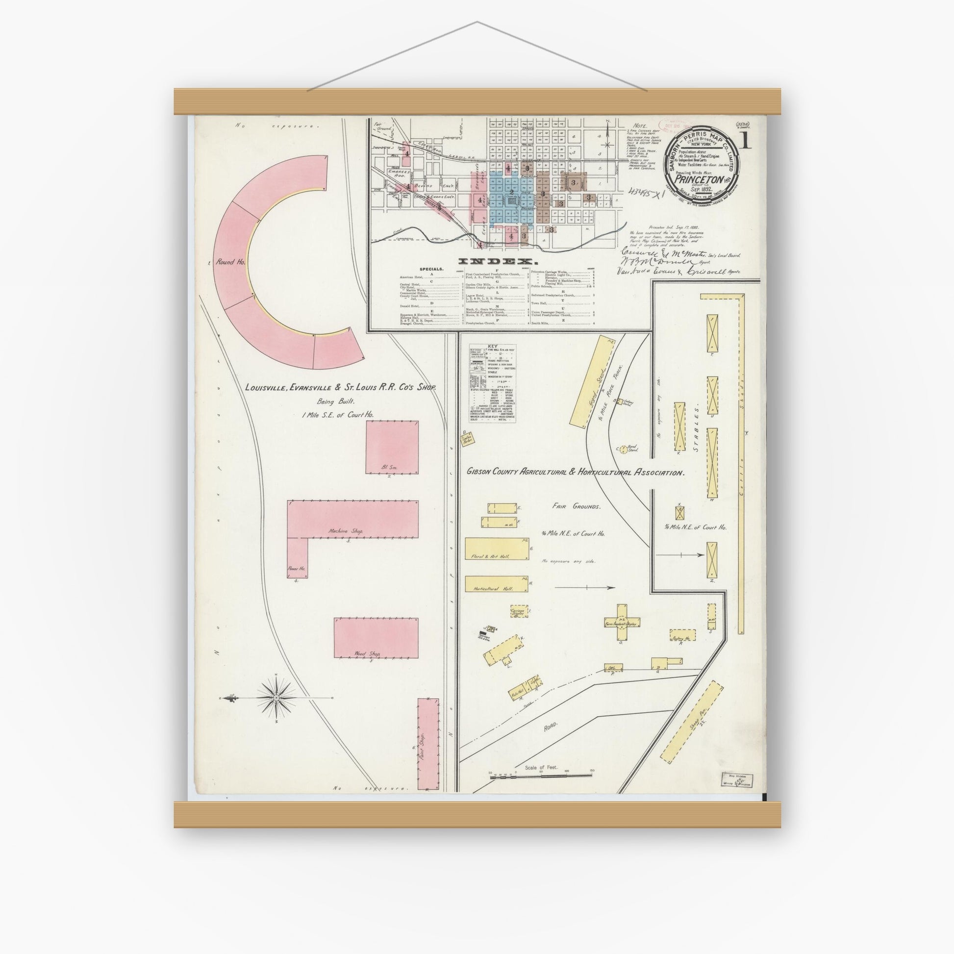 Old map wall art mockup — magnetic wood frame on white wall — Sanborn Fire Insurance Map from Princeton, Gibson County, Indiana (1892) - Complete Map Set