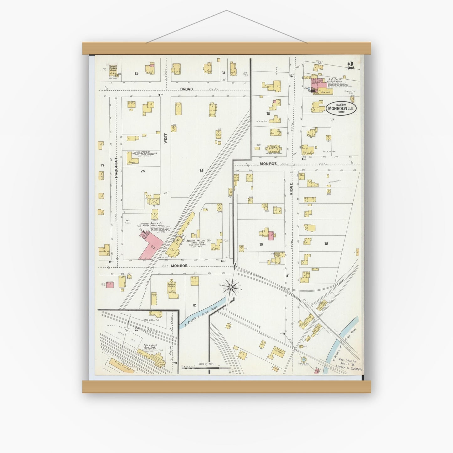 Old map wall art mockup — magnetic wood frame on white wall — Sanborn Fire Insurance Map from Monroeville, Huron County, Ohio (1899), Sheet #0002