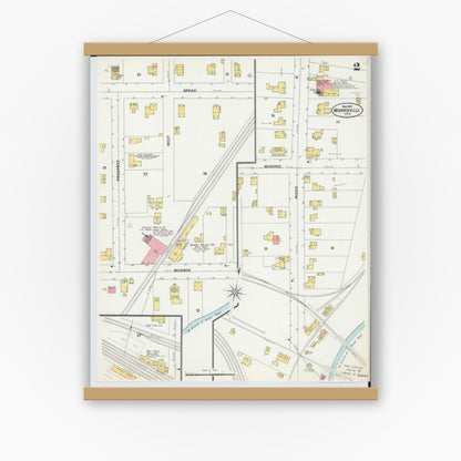 Old map wall art mockup — magnetic wood frame on white wall — Sanborn Fire Insurance Map from Monroeville, Huron County, Ohio (1899), Sheet #0002