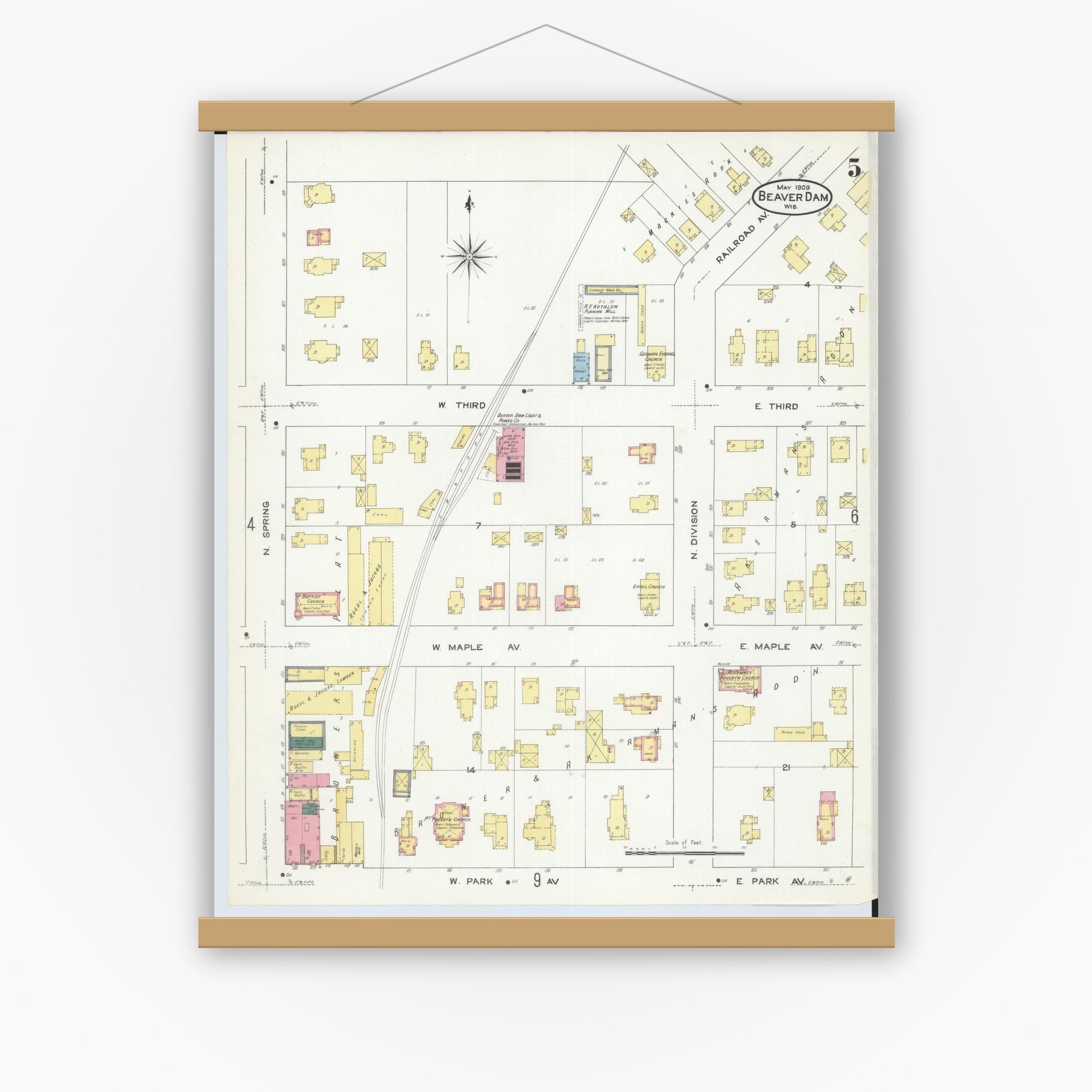 Old map wall art mockup — magnetic wood frame on white wall — Sanborn Fire Insurance Map from Beaver Dam, Dodge County, Wisconsin (1909), Sheet #0005