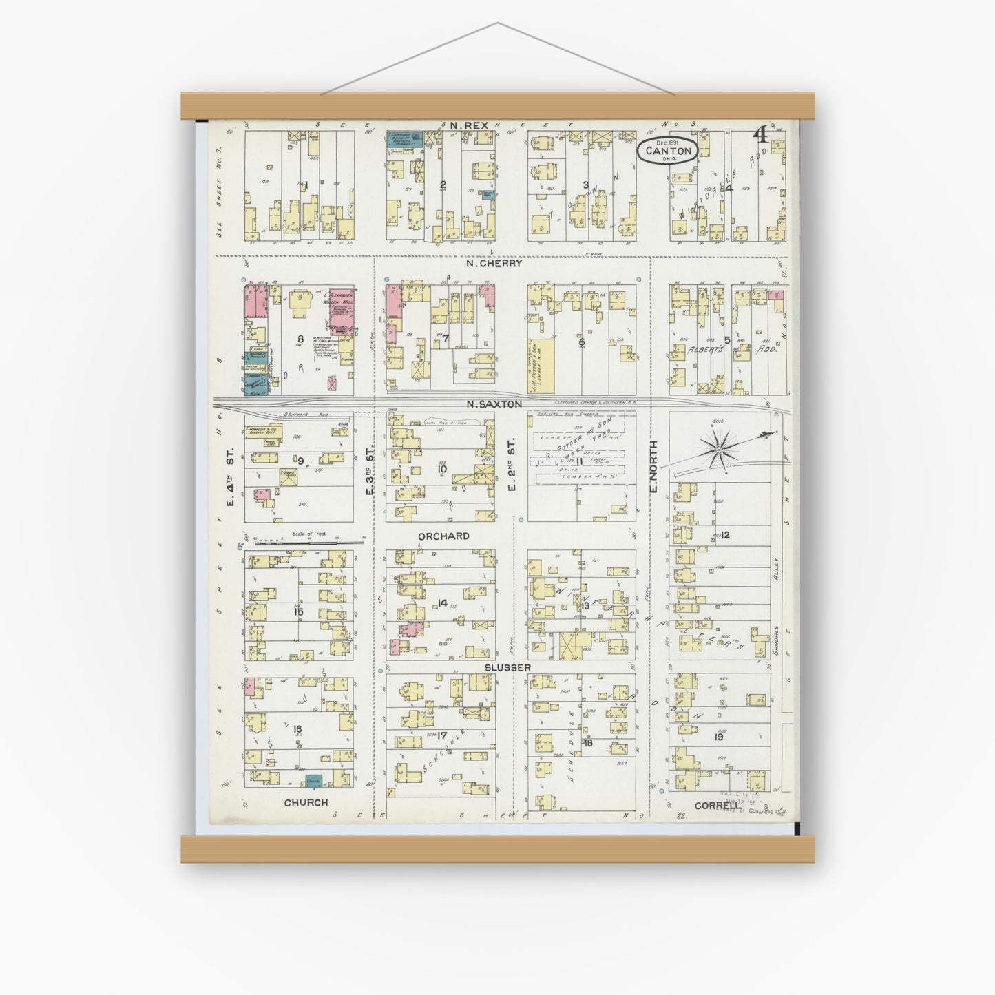 Old map wall art mockup — magnetic wood frame on white wall — Sanborn Fire Insurance Map from Canton, Stark County, Ohio (1891), Sheet #0004