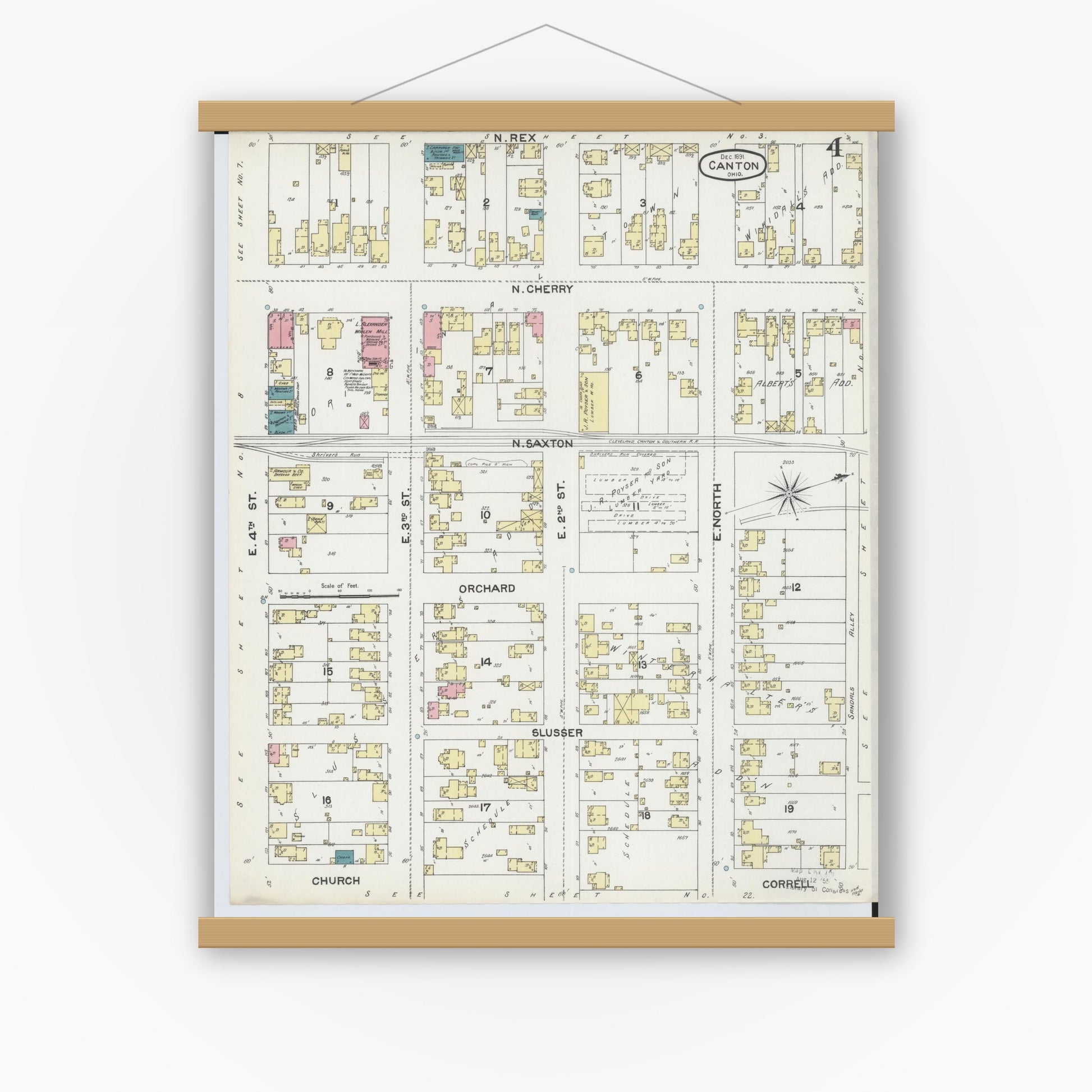 Old map wall art mockup — magnetic wood frame on white wall — Sanborn Fire Insurance Map from Canton, Stark County, Ohio (1891), Sheet #0004