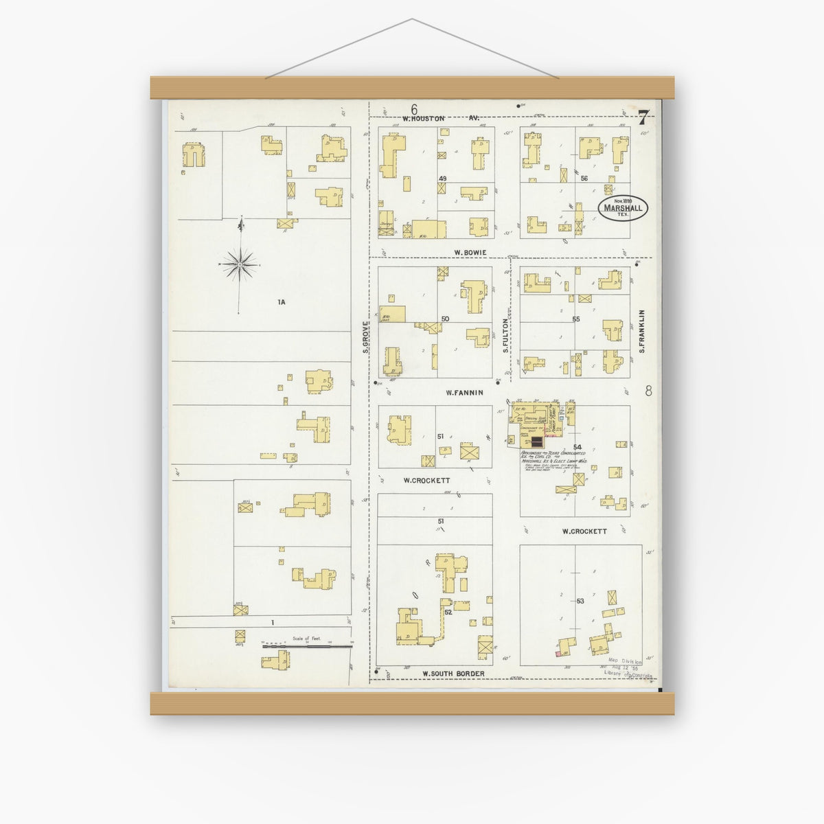 Old map wall art mockup — magnetic wood frame on white wall — Sanborn Fire Insurance Map from Marshall, Harrison County, Texas (1899), Sheet #0007