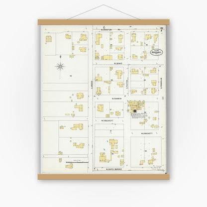 Old map wall art mockup — magnetic wood frame on white wall — Sanborn Fire Insurance Map from Marshall, Harrison County, Texas (1899), Sheet #0007