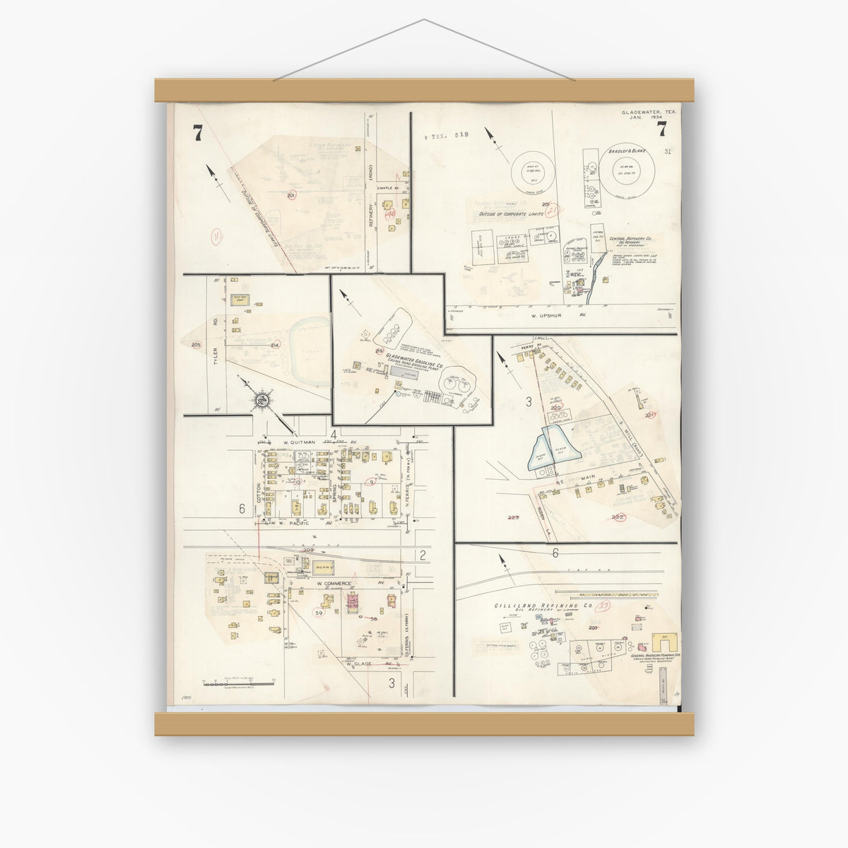 Old map wall art mockup — magnetic wood frame on white wall — Sanborn Fire Insurance Map from Gladewater, Gregg County, Texas (1938), Sheet #0007