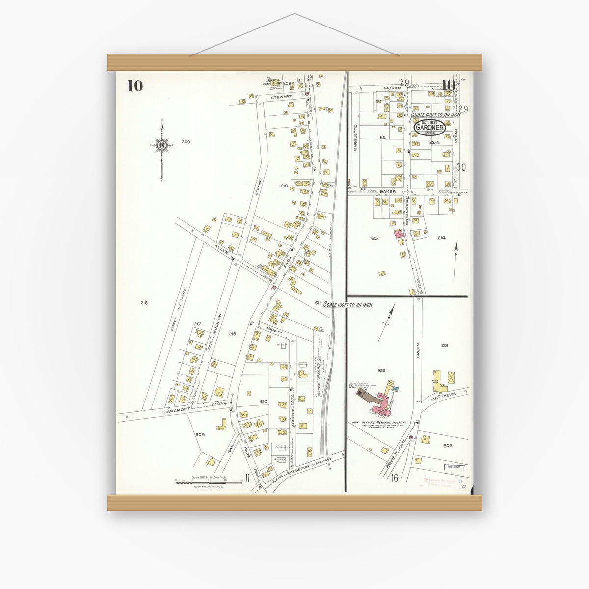 Old map wall art mockup — magnetic wood frame on white wall — Sanborn Fire Insurance Map from Gardner, Worcester County, Massachusetts (1923), Sheet #0010