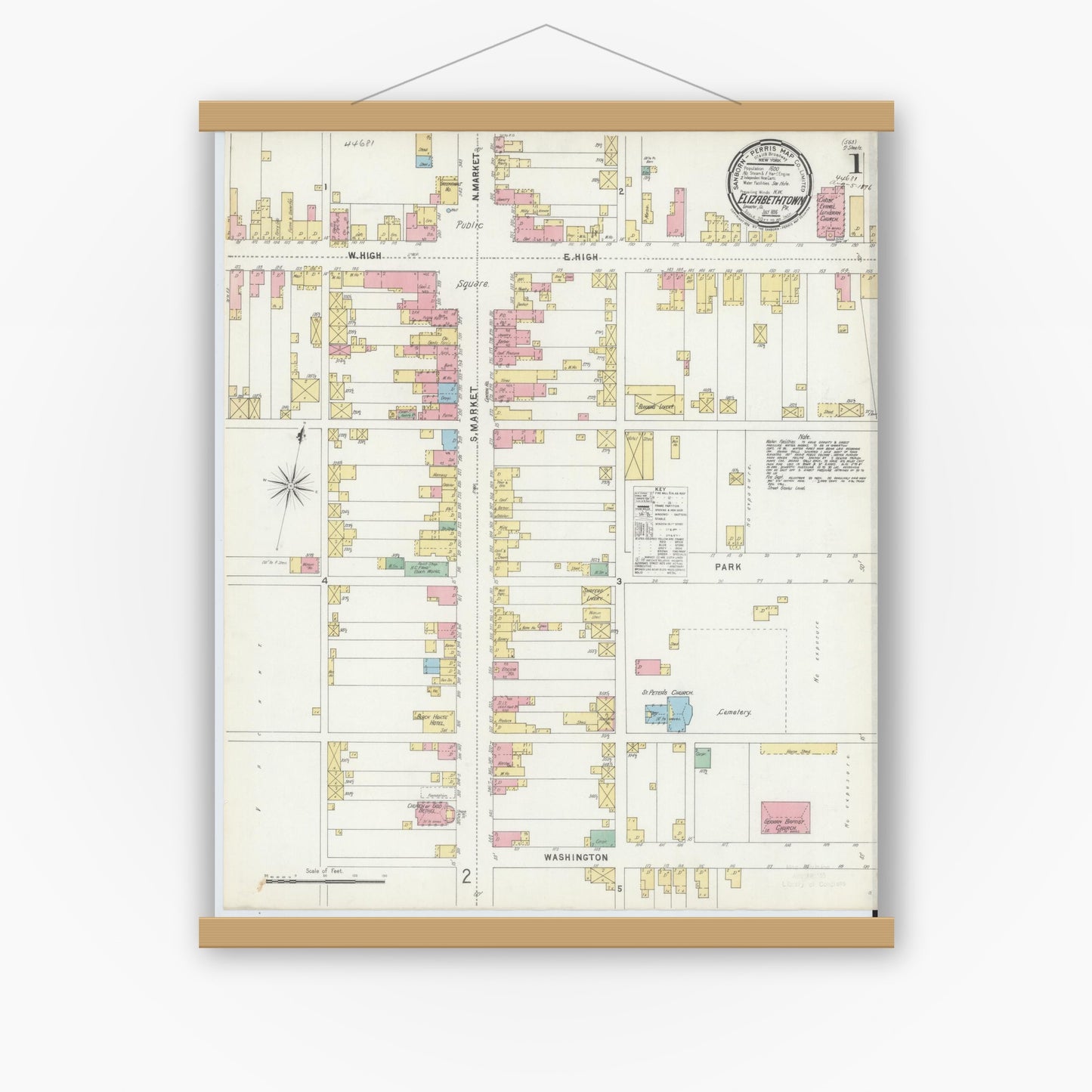 Old map wall art mockup — magnetic wood frame on white wall — Sanborn Fire Insurance Map from Elizabethtown, Lancaster County, Pennsylvania (1896), Sheet #0001
