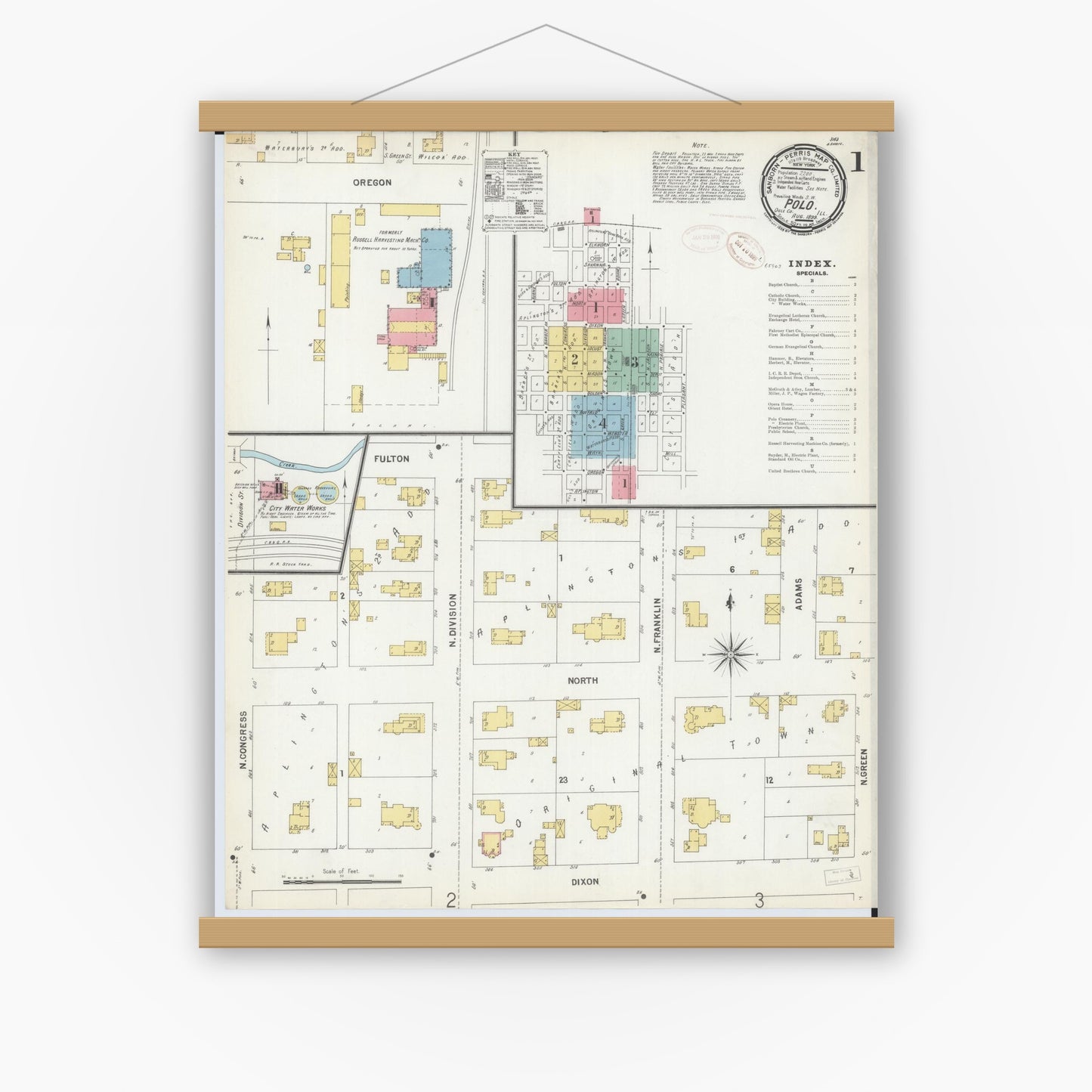 Old map wall art mockup — magnetic wood frame on white wall — Sanborn Fire Insurance Map from Polo, Ogle County, Illinois (1899) - Complete Map Set