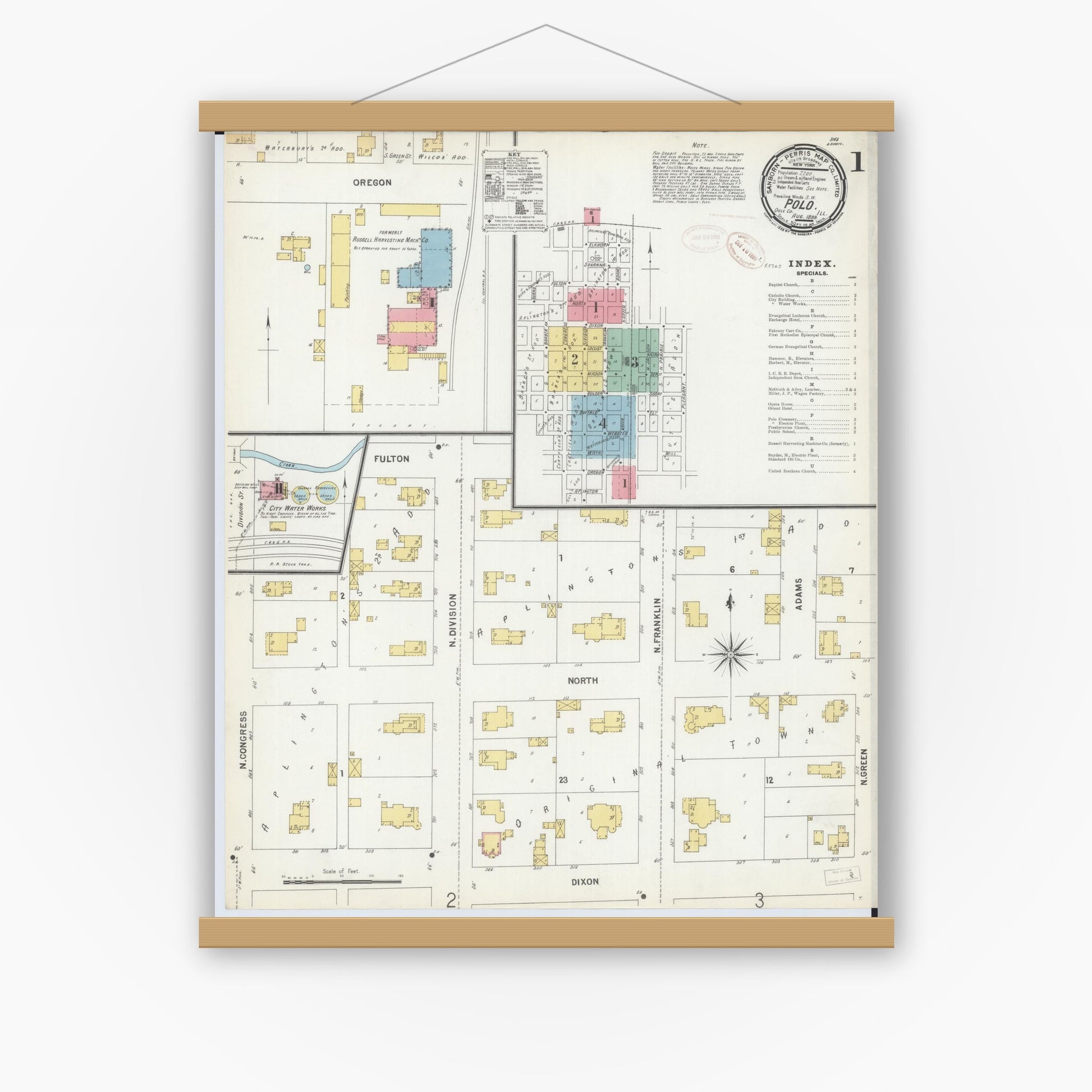 Old map wall art mockup — magnetic wood frame on white wall — Sanborn Fire Insurance Map from Polo, Ogle County, Illinois (1899) - Complete Map Set