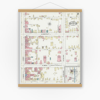 Old map wall art mockup — magnetic wood frame on white wall — Sanborn Fire Insurance Map from Washington, Washington County, Pennsylvania (1891), Sheet #0003