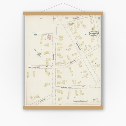 Old map wall art mockup — magnetic wood frame on white wall — Sanborn Fire Insurance Map from Bridgewater, Plymouth County, Massachusetts (1885), Sheet #0004