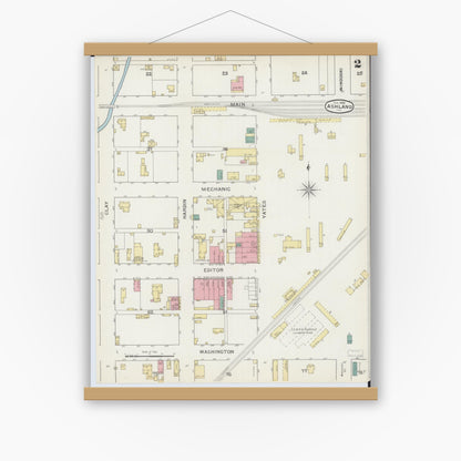Old map wall art mockup — magnetic wood frame on white wall — Sanborn Fire Insurance Map from Ashland, Cass County, Illinois (1894), Sheet #0002