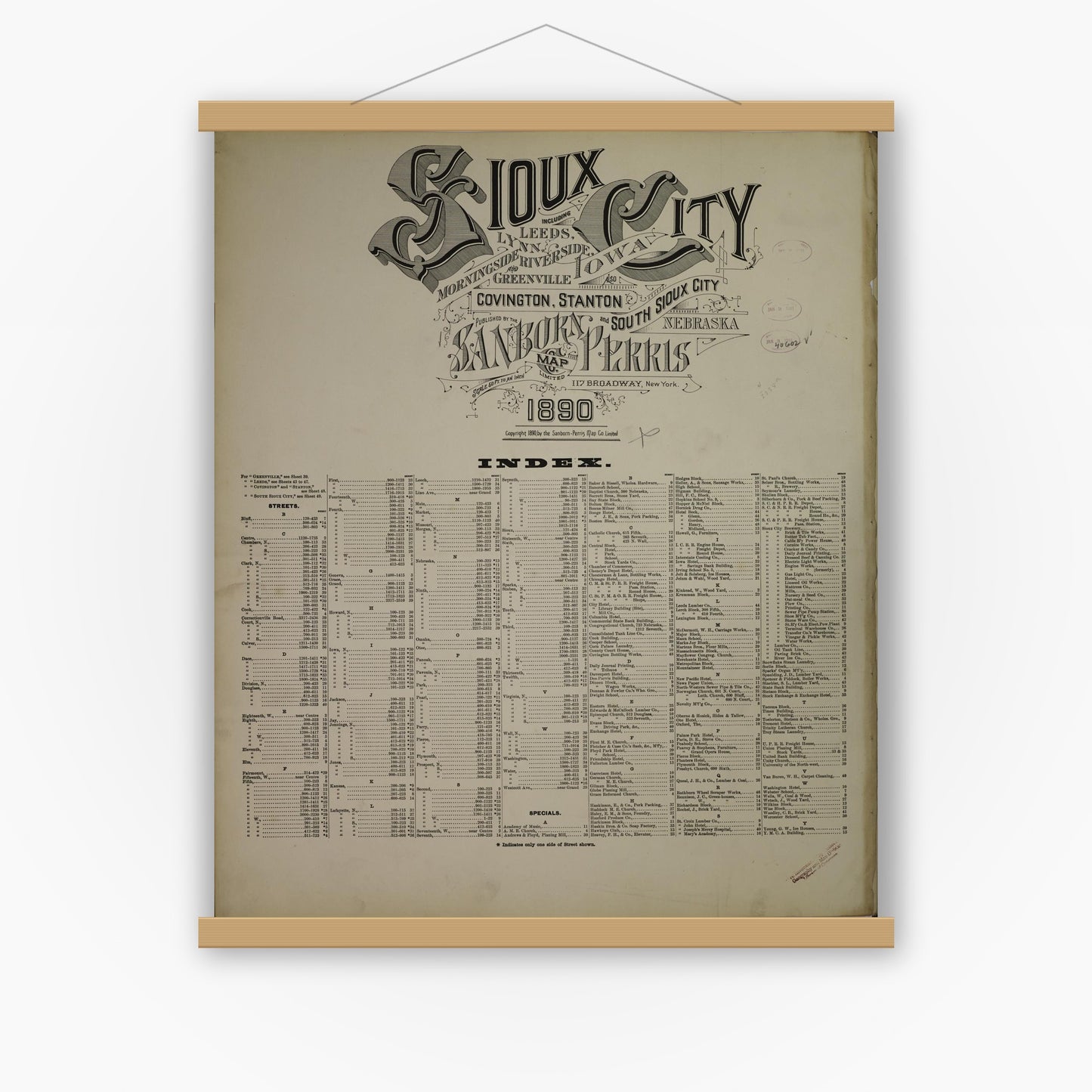 Old map wall art mockup — magnetic wood frame on white wall — Sanborn Fire Insurance Map from Sioux City, Woodbury County, Iowa (1890), Sheet #0001