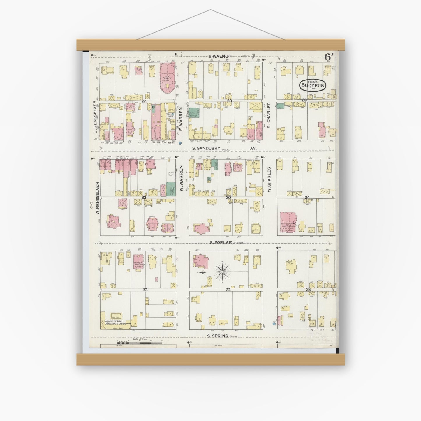 Old map wall art mockup — magnetic wood frame on white wall — Sanborn Fire Insurance Map from Bucyrus, Crawford County, Ohio (1892), Sheet #0006