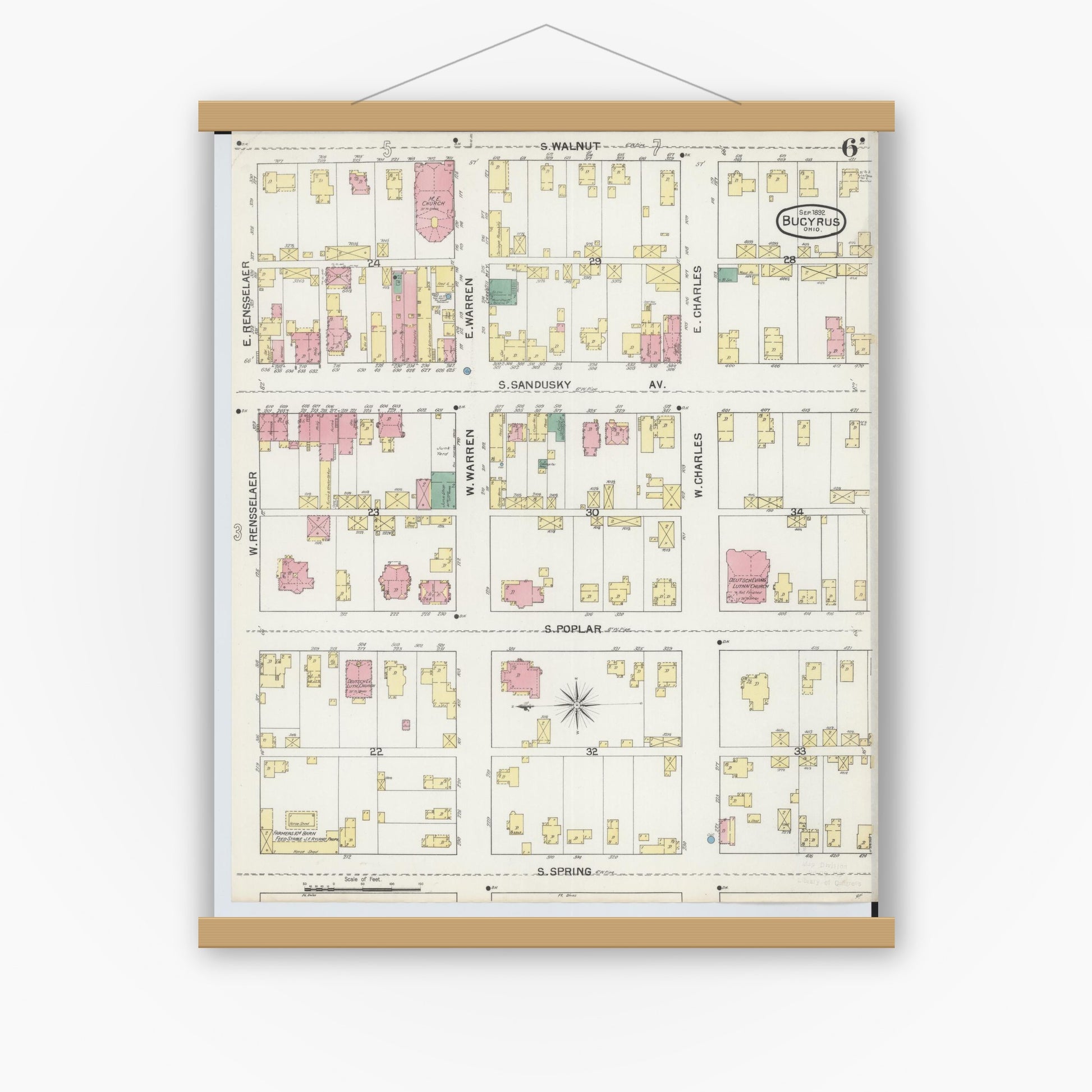 Old map wall art mockup — magnetic wood frame on white wall — Sanborn Fire Insurance Map from Bucyrus, Crawford County, Ohio (1892), Sheet #0006