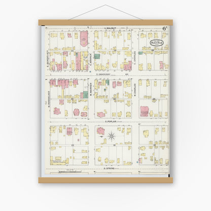 Old map wall art mockup — magnetic wood frame on white wall — Sanborn Fire Insurance Map from Bucyrus, Crawford County, Ohio (1892), Sheet #0006
