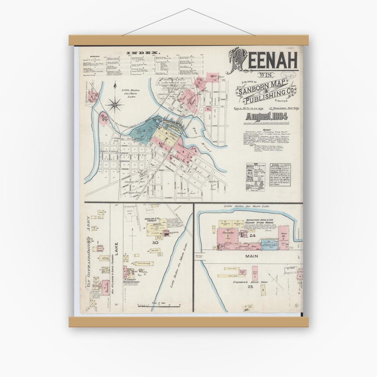 Old map wall art mockup — magnetic wood frame on white wall — Sanborn Fire Insurance Map from Neenah, Winnebago County, Wisconsin (1884) - Complete Map Set