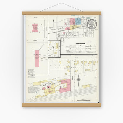 Old map wall art mockup — magnetic wood frame on white wall — Sanborn Fire Insurance Map from Wayne, Wayne County, Michigan (1912), Sheet #0001