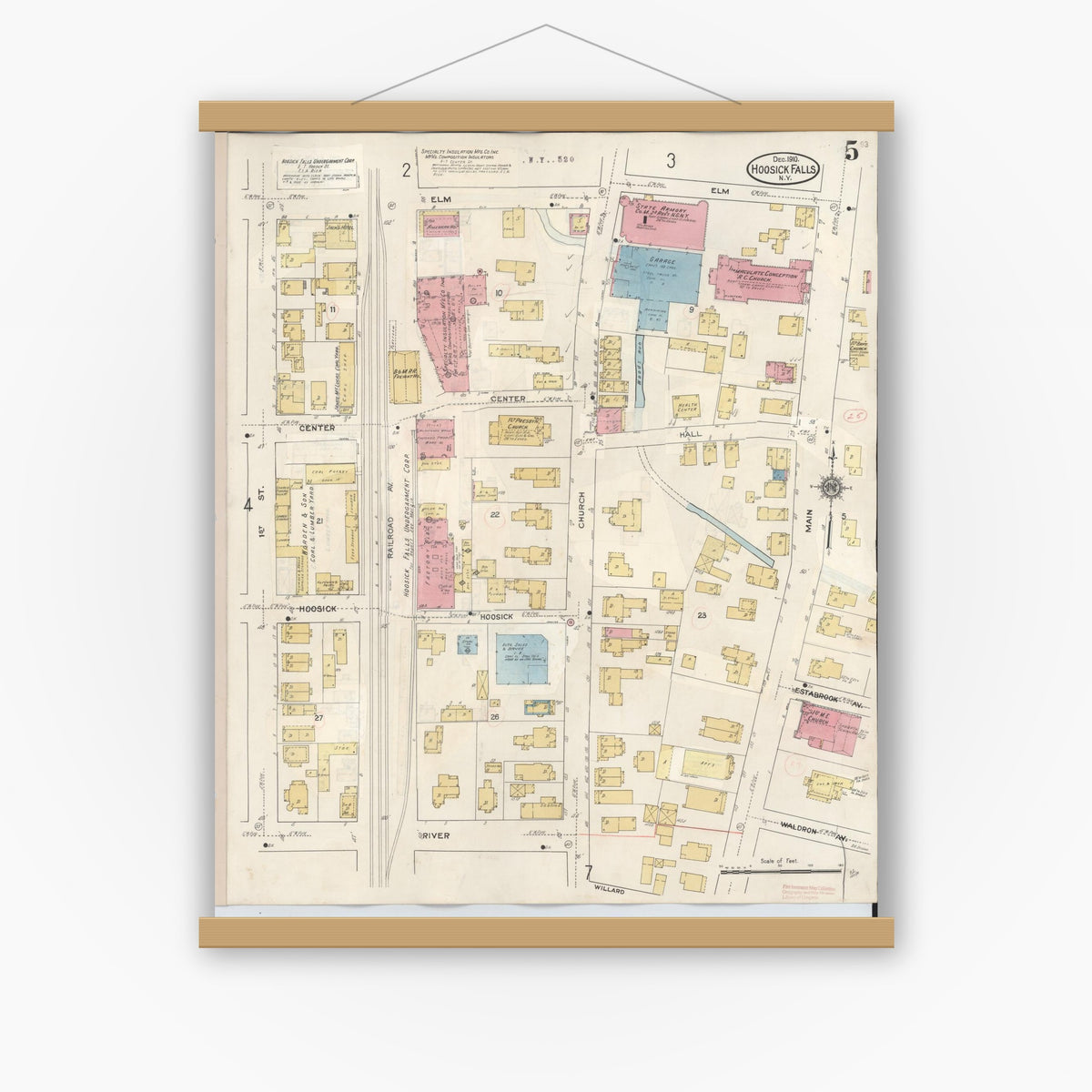 Old map wall art mockup — magnetic wood frame on white wall — Sanborn Fire Insurance Map from Hoosick Falls, Rensselaer County, New York (1945), Sheet #0005