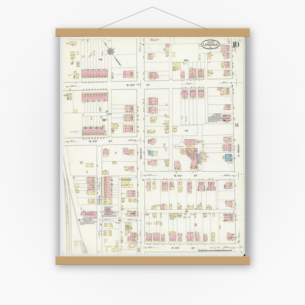 Old map wall art mockup — magnetic wood frame on white wall — Sanborn Fire Insurance Map from Lansdale, Montgomery County, Pennsylvania (1914), Sheet #0010