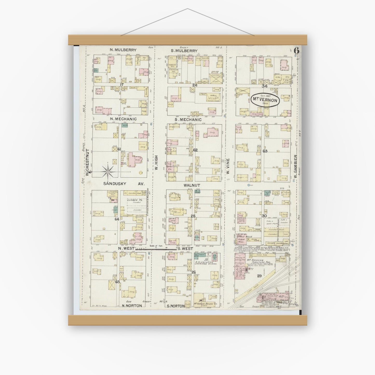 Old map wall art mockup — magnetic wood frame on white wall — Sanborn Fire Insurance Map from Mount Vernon, Knox County, Ohio (1887), Sheet #0006