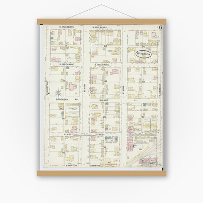Old map wall art mockup — magnetic wood frame on white wall — Sanborn Fire Insurance Map from Mount Vernon, Knox County, Ohio (1887), Sheet #0006