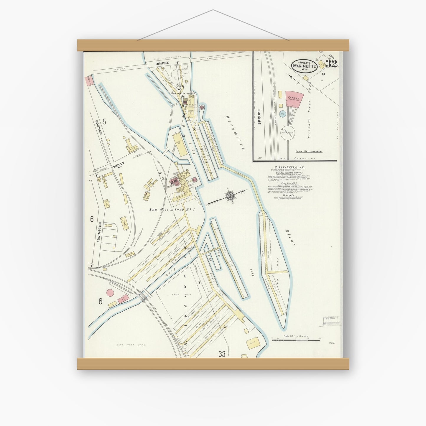 Old map wall art mockup — magnetic wood frame on white wall — Sanborn Fire Insurance Map from Marinette, Marinette County, Wisconsin (1910), Sheet #0032