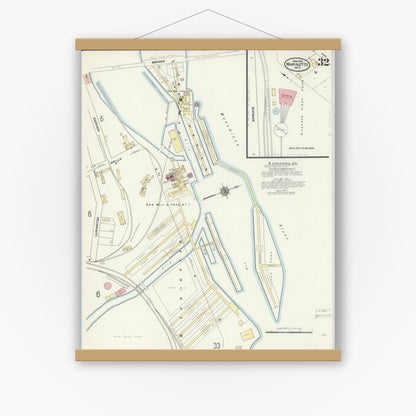 Old map wall art mockup — magnetic wood frame on white wall — Sanborn Fire Insurance Map from Marinette, Marinette County, Wisconsin (1910), Sheet #0032