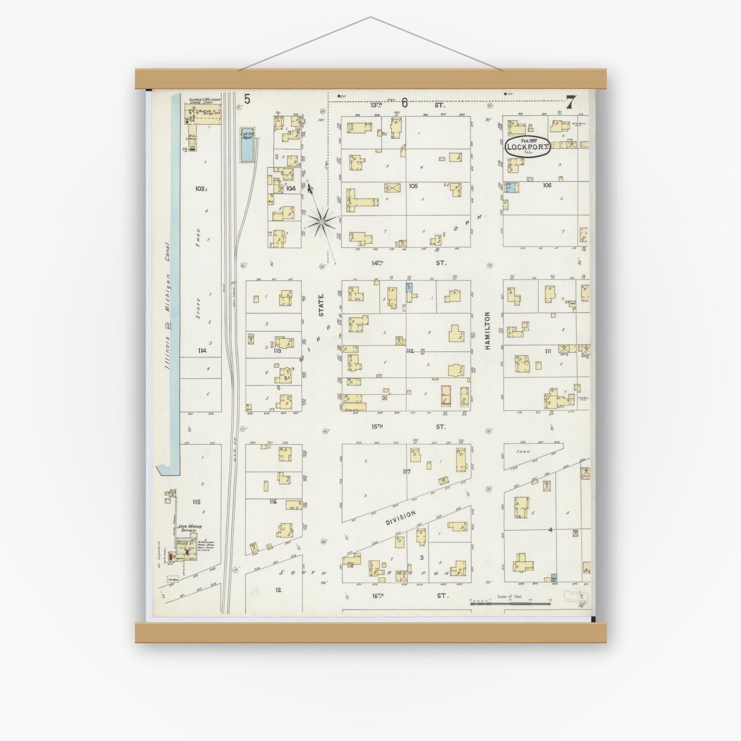 Old map wall art mockup — magnetic wood frame on white wall — Sanborn Fire Insurance Map from Lockport, Will County, Illinois (1897), Sheet #0007